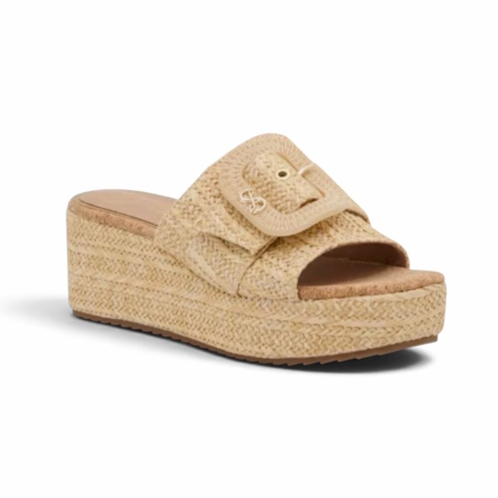Sam & Libby Crysta Buckle Platform Wedge Sandal Size 7 Natural Raffia Slide